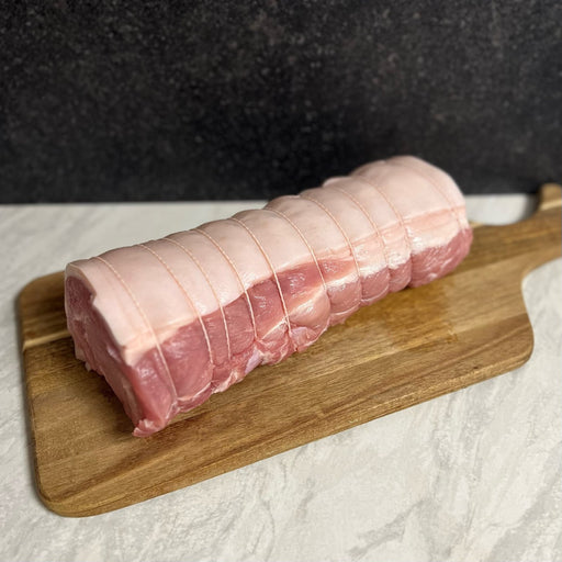 CFM Pork Loin Joint, boned & rolled, rind on per KG
