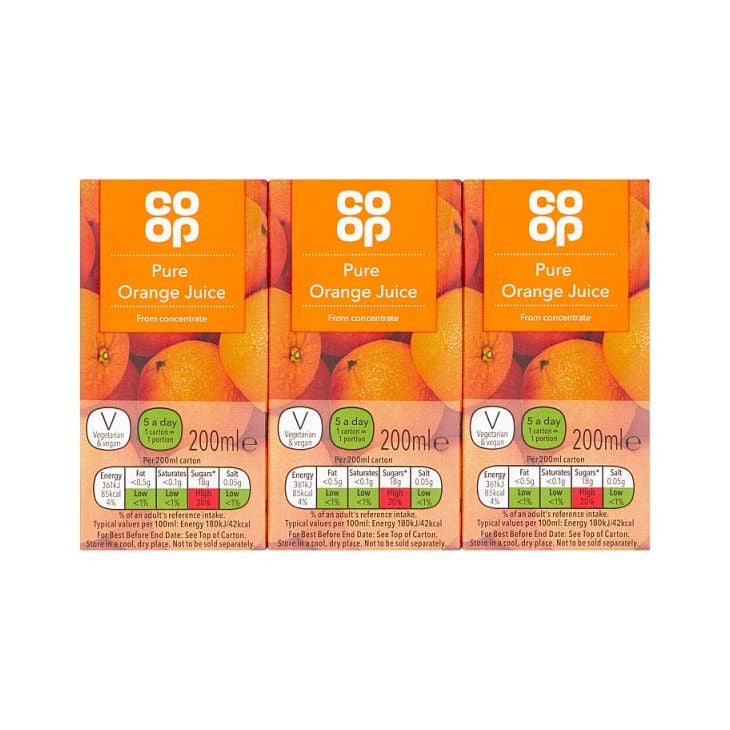 Co Op Pure Orange Juice 200ml x 3