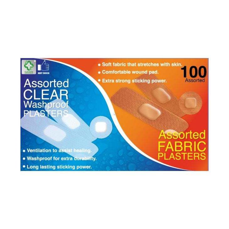 A&E Assorted Washproof & Fabric Plasters 100 pk